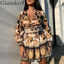 Glamaker винтажное ТРАПЕЦИЕВИДНОЕ модное офисное платье с принтом женское платье с v-образным вырезом и рукавом-фонариком с высокой талией весеннее летнее сексуальное платье для вечеринки