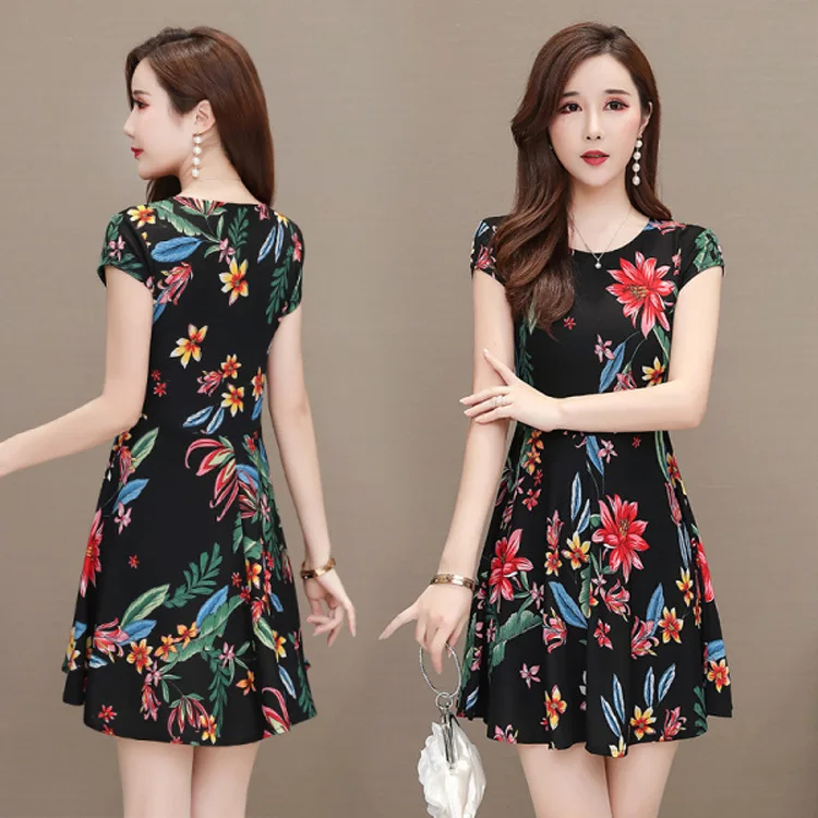 

2020 Summer New Style WOMEN'S Dress Mid-length Floral-Print Large Size Dress Short Sleeve Printed Base A- line Skirt