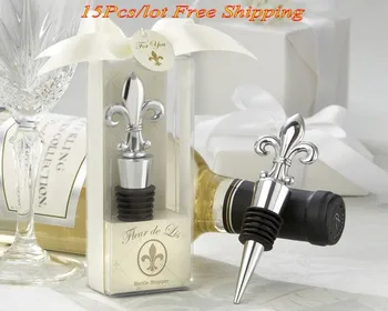 

(15 Pieces/lot) Unique Bridal shower favors of Fleur de Lis Chrome Bottle Wine Stopper Favors for Wedding and Party gift favors