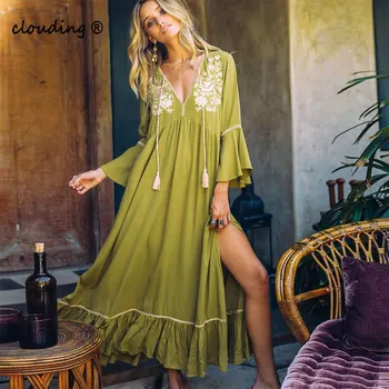

Women's Summer Vintage Long Dress with Flare Sleeve Sexy V-neck Solid Embroided Floral Loose Boho Dress with Side Slip Plus Size