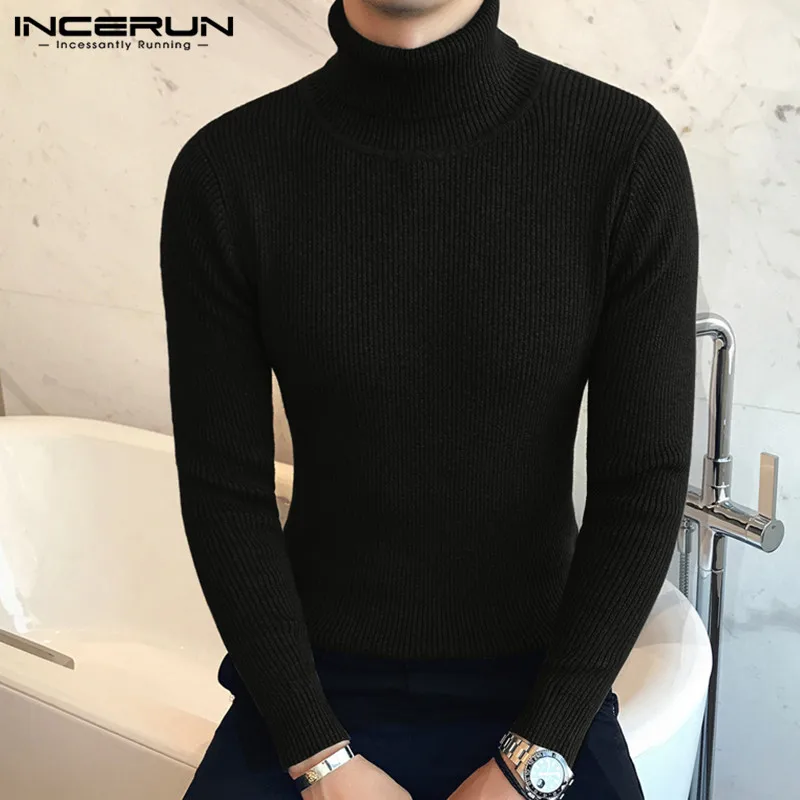 INCERUN/осенний мужской свитер, однотонный, вязаный, модный, водолазка, длинный рукав, приталенный, корейский стиль, мужские пуловеры, топы 5XL