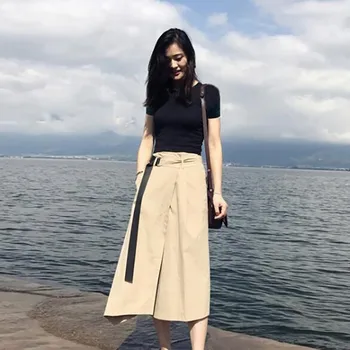 

Elegant Women's Set Summer Solid O-Neck Short Sleeve T-Shirt + Belted Long Skirt 2 Pieces Set