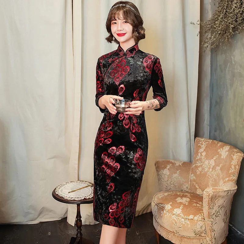 Chinese Dress Autumn Winter Cheongsam Stand Collar Fashion Velvet Chinese Traditional Dresses Qipao