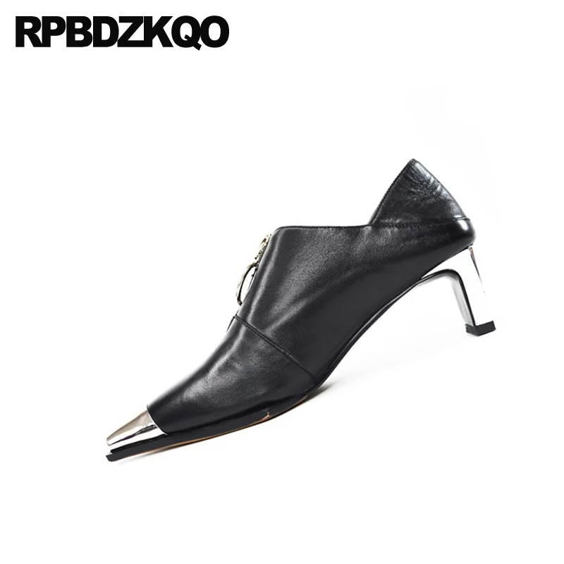 pointed toe pumps chunky size 33 sandals luxury brand shoes women fashion zipper new patent leather black mules slipper block