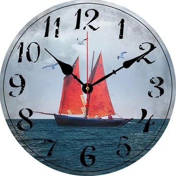 

14" Wooden Round Wall Clock Silent Sailboat Print Vintage Design Chic Large Decorative Roman Numerals Home Indoor Office Decor