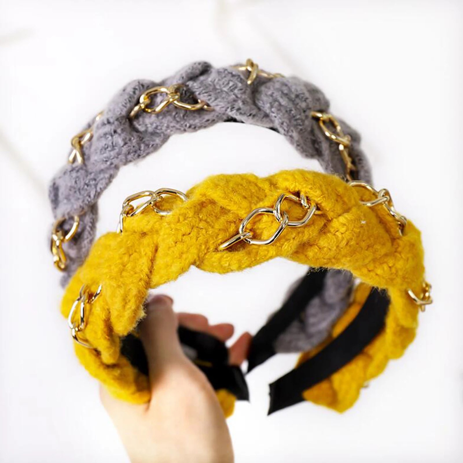 New Fashion Women Hair Accessories Turban Multi-layer Cross Knot Knitted Headwear Soft Alloy Chain Inlay Headband Adult