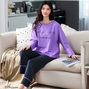 

BZEL Purple Letter Cotton Sleepwear Women's Simple Casual Pajama Set O-Neck Loose Comfortable Pyjama Soft Nightwear Pijama Mujer