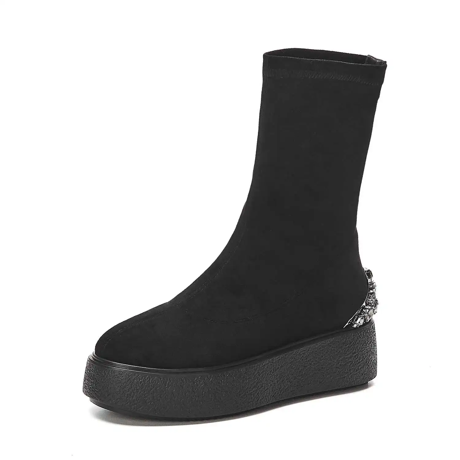 Krazing Pot/мягкие эластичные ботинки из флока зимние женские сапоги до середины икры на платформе с круглым носком, украшенные стразами, на высоком толстом каблуке, L58