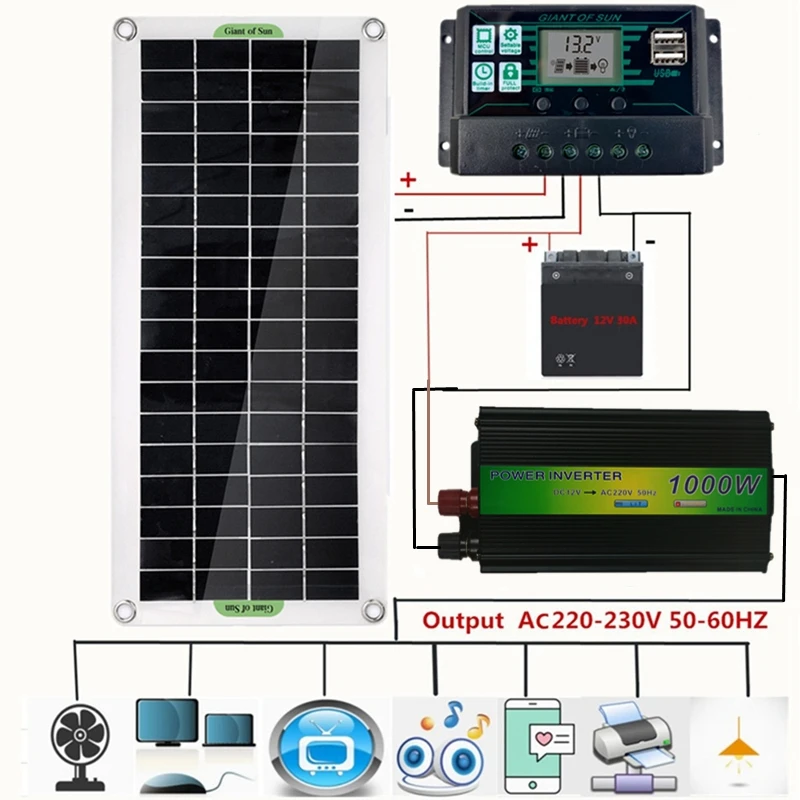 220V Solar Power System 30W Solar Panel Battery Charger 1000W 220W