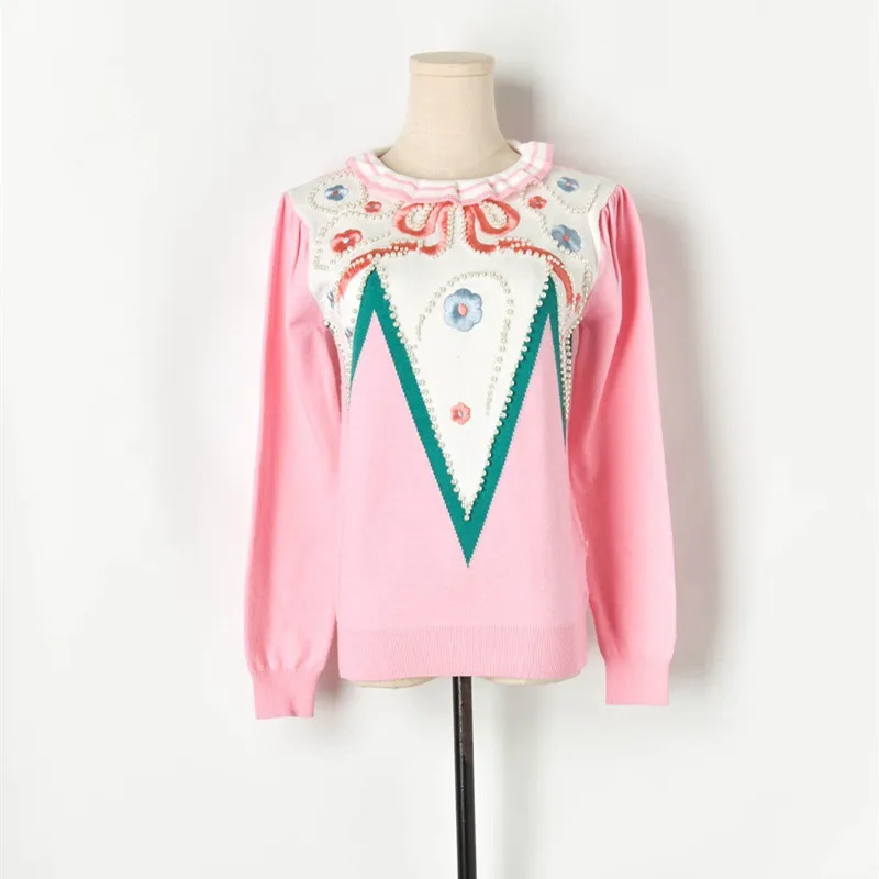 

Luxury Brand Designer Knitted Pullovers for Women Ruffled Collar Contrast Embroidered Flower Beading Long Sleeve Knitted Sweater