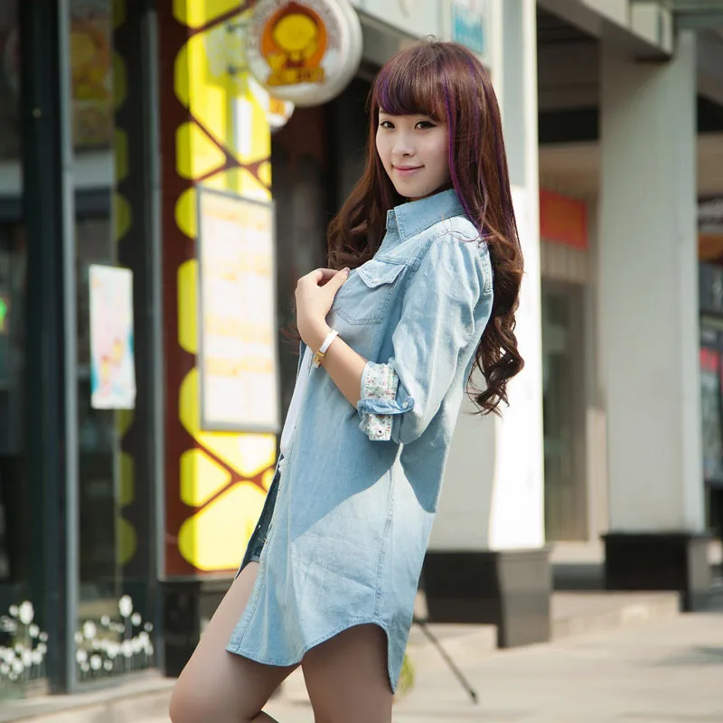 New Spring Fashion Long Loose Cotton Denim Women Blouses Long Sleeve Shirts Women Tops Jeans Blouse