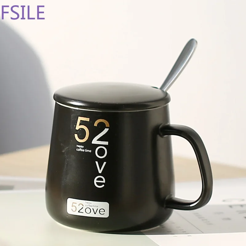 Fsile 400ml Creative 520 Couple Ceramics Coffee Mug with Lid Milk Breakfast Mugs Home Office Cup Coffee Tea Cups Gift Gift Box