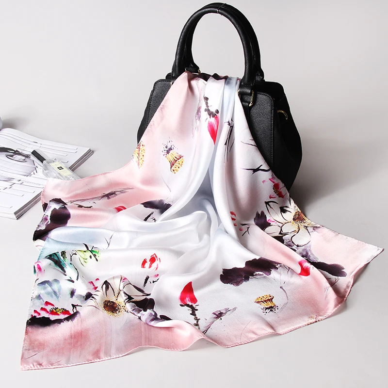 100% чистый шелк квадратный шейный шарф женский Бандана Платок цветочный принт