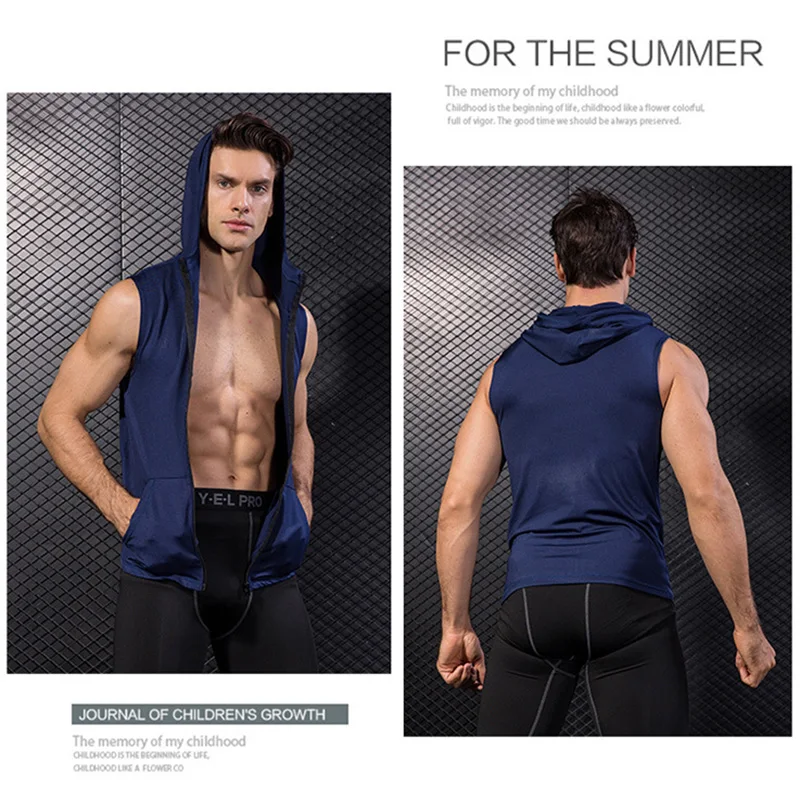 Men Tight-fitting Sleeveless Vest Sports Running Training Fitness Clothing Zipper Hooded Quick-drying Vest MC889