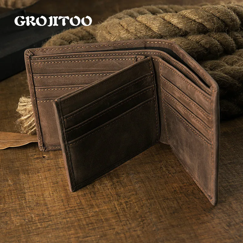 

GROJITOO Large Capacity First Layer Cowhide Men Short Wallet Genuine Leather Men Purse Crazy Horse Leather Multi Card Wallet