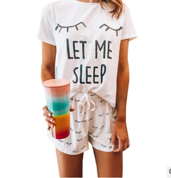 

Women's Pajamas Suit Shirt Cartoon Round Collar Short Sleeve Colorful Lace-up Shorts Nightclothes Summer