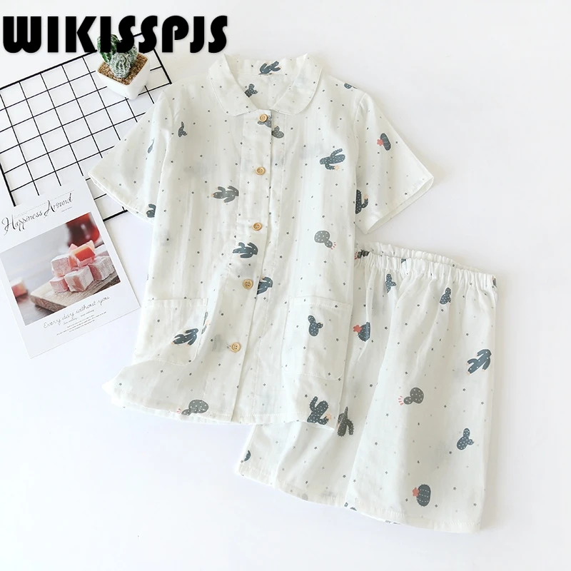 

WIKISSPJS 2022 Summer New Cotton Cactus Short Sleeve Shorts Home Suit Sleepwear Women Sleep Tops Lounge Wear