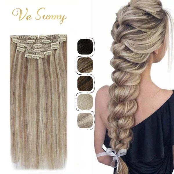 En oferta VeSunny-extensiones de cabello con Clip, cabello humano Remy hecho a máquina, 120g/7 Uds., Clip de trama doble en cabello ombré y Color resaltado XyNg5qLWK