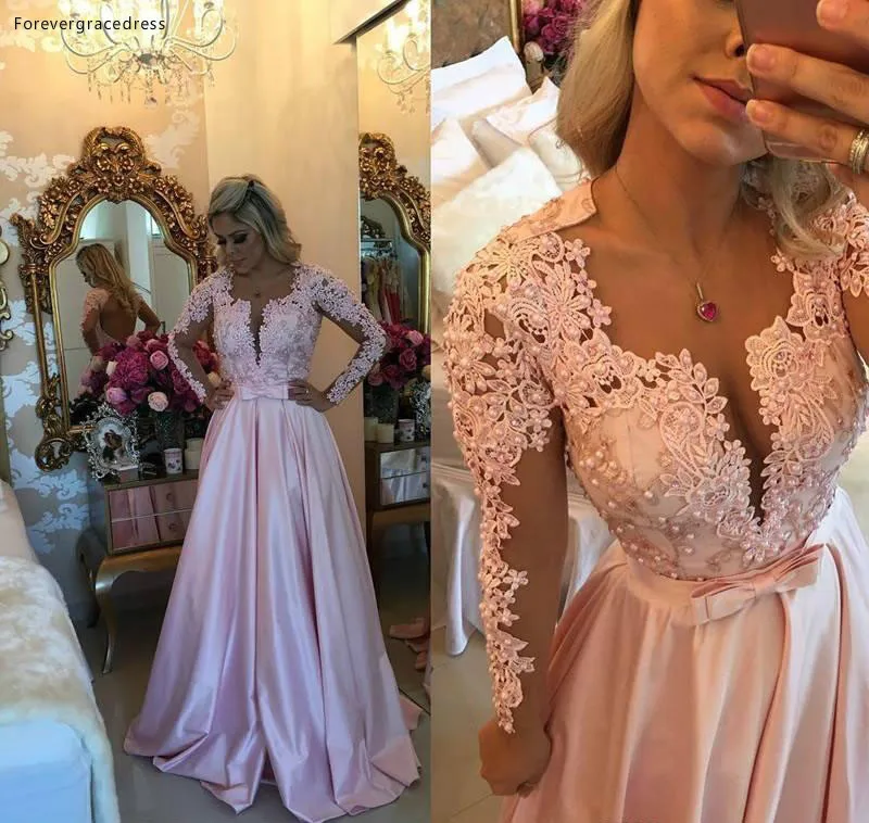 

2019 Pink Prom Dress New Arrival A Line V Neck Long Sleeves Formal Holidays Wear Graduation Evening Party Gown Custom Made