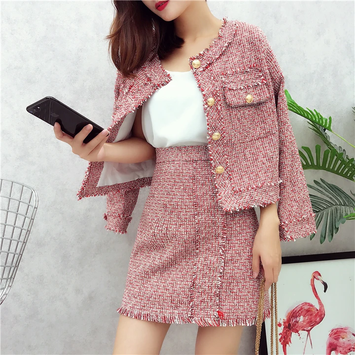 New  HAMALIEL High Quality Women 2 Piece Set Autumn Winter Red Tweed Tassel Single Breasted Jacket Coat 