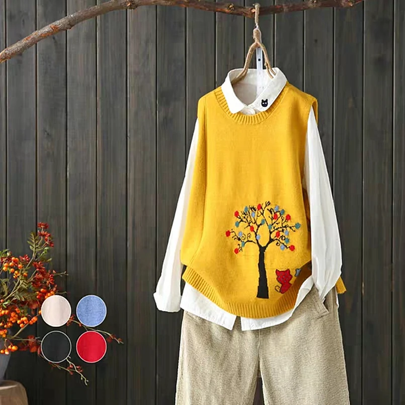 

Very Soft Ladies Life Tree Spring Autumn Vest Women Korean Fashion O-neck Sweater Vest Knit Cotton Pullover Top Outerwear Vest