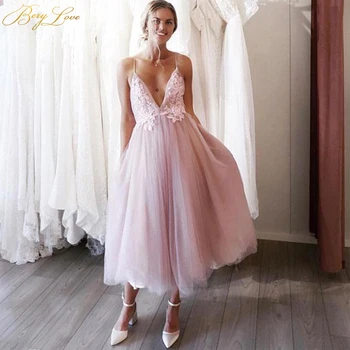 

Pink Short Prom Dress 2020 Appliques Evening Gown Spaghetti Straps Wedding Party Dress V Neck Formal Dress Tulle Vestidos Girls
