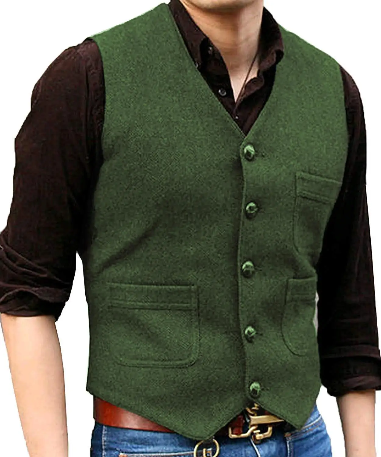 Мужской костюм жилет V образным вырезом шерсть елочка твид Повседневный жилет официальный деловой жилет Groomman для зеленый/черный/коричневый/кофе - Цвет: Зеленый