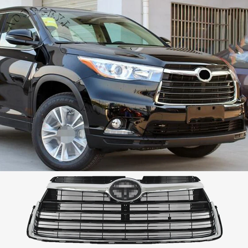

Передняя Верхняя решетка для Toyota Highlander 2015-2017, черный хром + черный гриль для пианино, сменный молдинг, аксессуары для стайлинга автомобиля