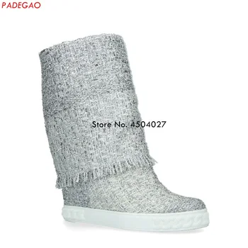 

Newest Women Fashion Round Toe Flat boots Slip-on Wedge Casual Shoes Height Increasing Mid-calf Boots Size 35-41