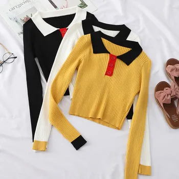 

Slim Bottom Knit Sweater Women Sweater New Autumn Winter Solid Color Slim Long-Sleeved Lapel Button Bottoming new Knitwear