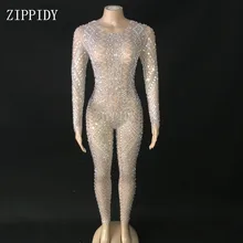 Новые сетчатые прозрачные блестящие стразы боди с длинным рукавом комбинезон вечерний праздничный костюм прозрачный наряд YOUDU