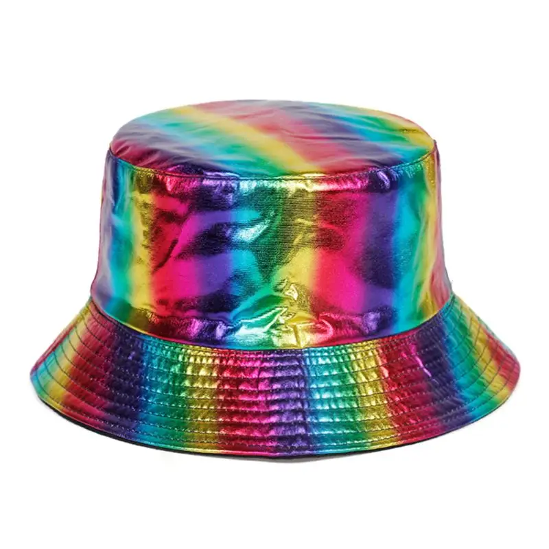 Women Mens Harajuku Hip Hop Faux Leather Bucket Cap Reflective Metallic Rainbow Stripes Reversiable Packable Fisherman Hat