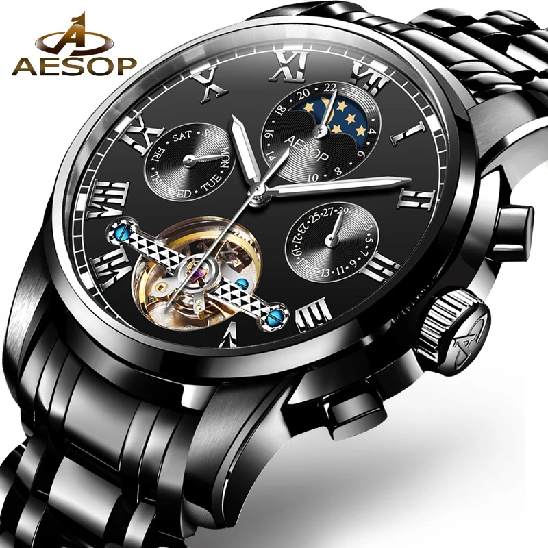 

Aesop Black Watch Men Automatic Mechanical Wristwatch Stainless Steel Waterproof Hollow Male Clock Relogio Masculino 9039g