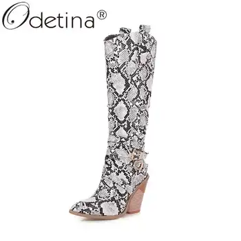 

Odetina Women Snake Printing Block Extreme High Heel Knee High Boots Laies Slip On Round Toe Buckle Strap Keep Warm Long Boots