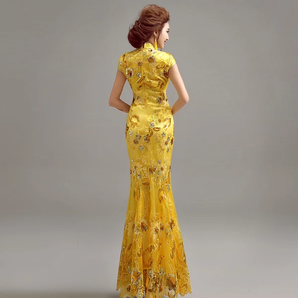 Элегантное свадебное платье Cheongsam, длинные платья, традиционная вышивка, рыбий хвост, платье с блестками, традиционная китайская вышивка, официальное платье