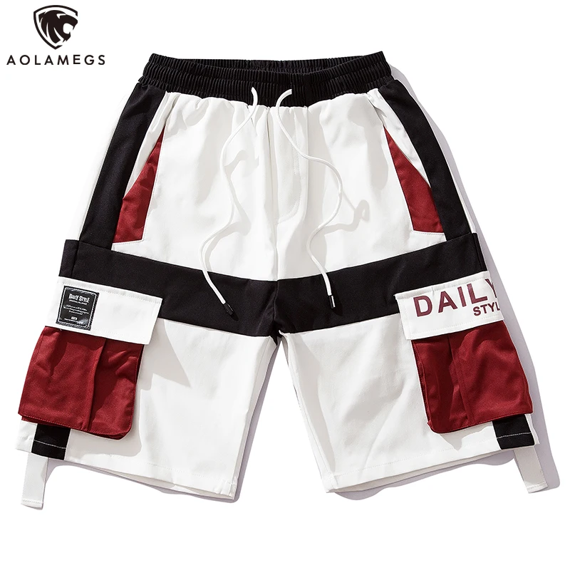 

Aolamegs Men's Shorts Color Block Tactical Cargo Pants Men Elastic Waist Multi-Pocket College Style Shorts Summer Streetwear Men