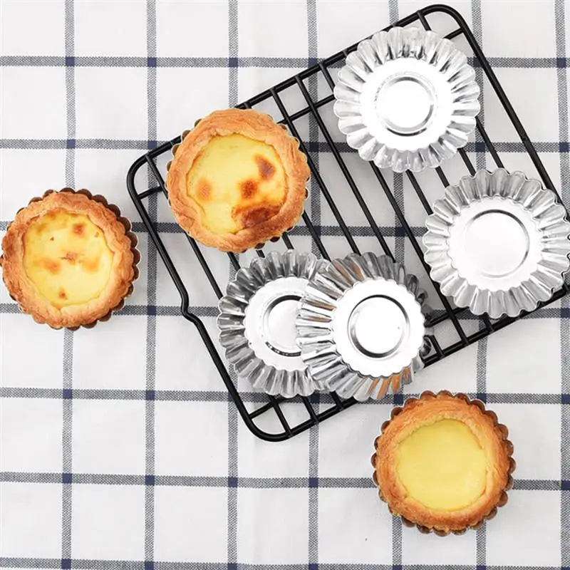 50pcs Reusable Silver Stainless Steel Cupcake Egg Tart Mold Cookie Pudding Mould Nonstick Cake