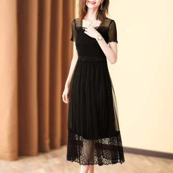 

Black Dress Plus Size For Women Weight 45-75kg 2020 Summer New Fahion Elastic Slim Miyake Pleated Dress Midi