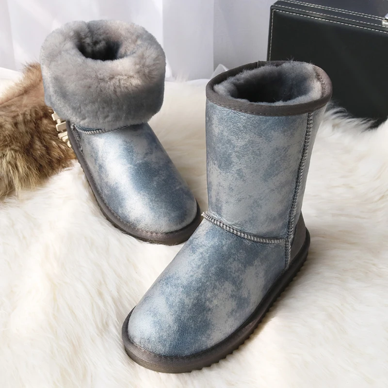 G& Zaco/роскошные ботинки из натуральной овечьей кожи в австралийском стиле женские шерстяные зимние ботинки обувь на овечьем меху зимние классические ботинки до середины икры на плоской подошве - Цвет: gray waterproof