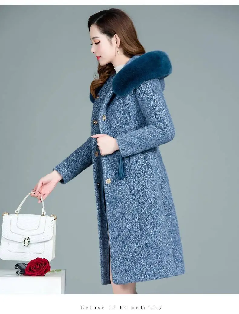 Women Autumn Winter Imitation Mink Cashmere Knitted Cardigan With Faux Fur Collar Sweaters Female Casual Hooded Outwear H74