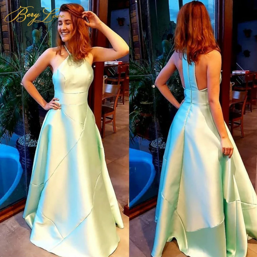 

Mint Prom Dress 2020 Special Unique Cut Young Girl A line Teenager Long Party Dress Halter Neck Formal Elegant Dress Vestido
