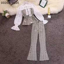 

2020 autumn new style OL temperament round neck lotus leaf sleeve stitching plaid shirt split flared pants suit women