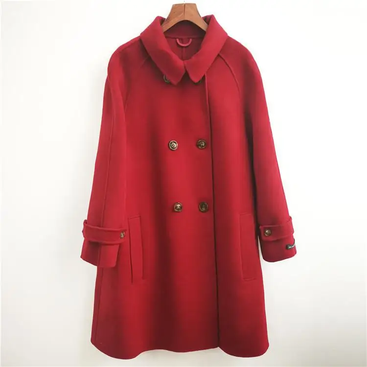 Winter New Fashion Casual Korean Plus Size Loose Double-breasted Long High End Wool Coat Women Warm Woolen Jacket - Color: Red