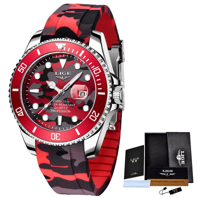 2022 LIGE New Fashion Men Watches Top Brand Luxury Camouflage Quartz Wrist Watch Sport Red Silicone Watch for Men Reloj Hombre 