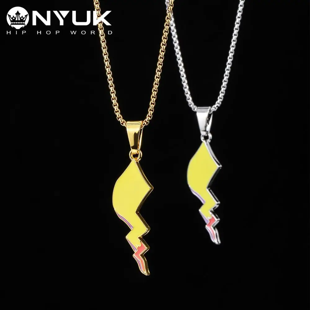 

NYUK Fashion Hiphop Stainless Steel Hot Lightning Necklace Pokemon Pikachu Tail Pendant Gold Silver Chain Men Women Jewelry Gift