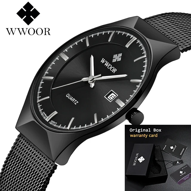 VIP WWOOR-8016 ультратонкий модный мужской наручные часы лучший бренд класса люкс деловые часы водонепроницаемые устойчивые к царапинам мужские часы - Цвет: full black with box