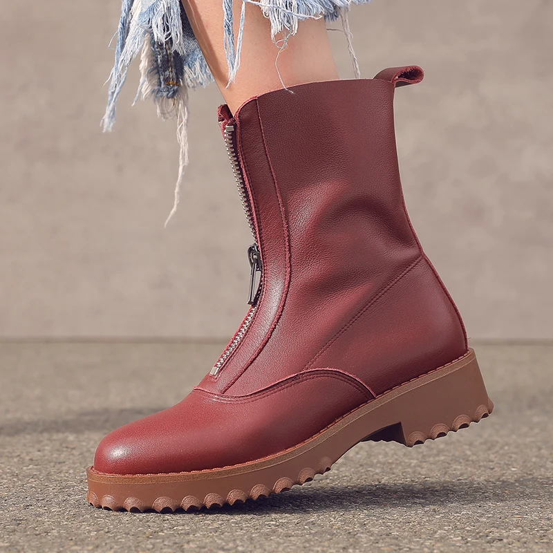 New Natural Genuine Leather Boots Women Metal Round Toe Ladies Ankle Boots for Women Square Heels Spring Autumn Shoes