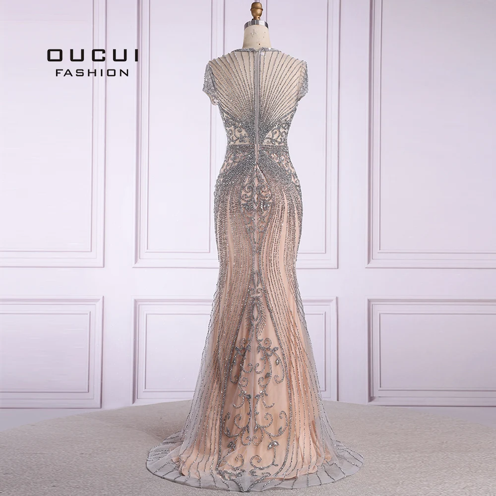 Billige Oucui Dubai Perlen Prom Kleid Sexy Luxus Diamant Ärmel Nude Mermaid Lange Abendkleid Formale Kleid Robe De Soiree OL103466