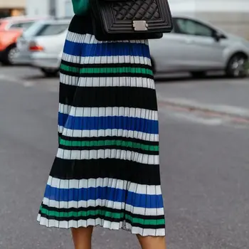 

Women Striped Pleated Skirts Fashion Loose Mid-length Skirts Summer High Waist Chiffon Skirts