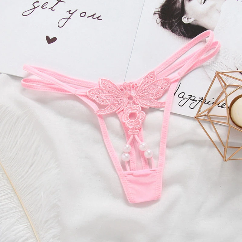 Womens Underwear Sissy Sexy Lingerie Butterfly Embroidery Transparent Panties Pearl Massage Open Crotch Thong Sex G-Strings